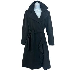Garnet Hill Wool Ruffle Trim Belted Black Long Trench Coat Size 10 Classic